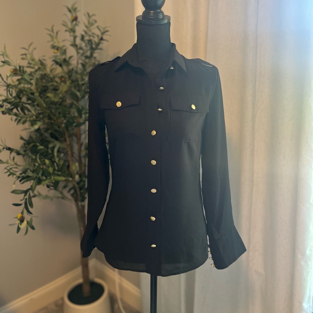 HOLLAND COOPER Gold Button Up Black Blouse Top Shirt UK8 🇬🇧